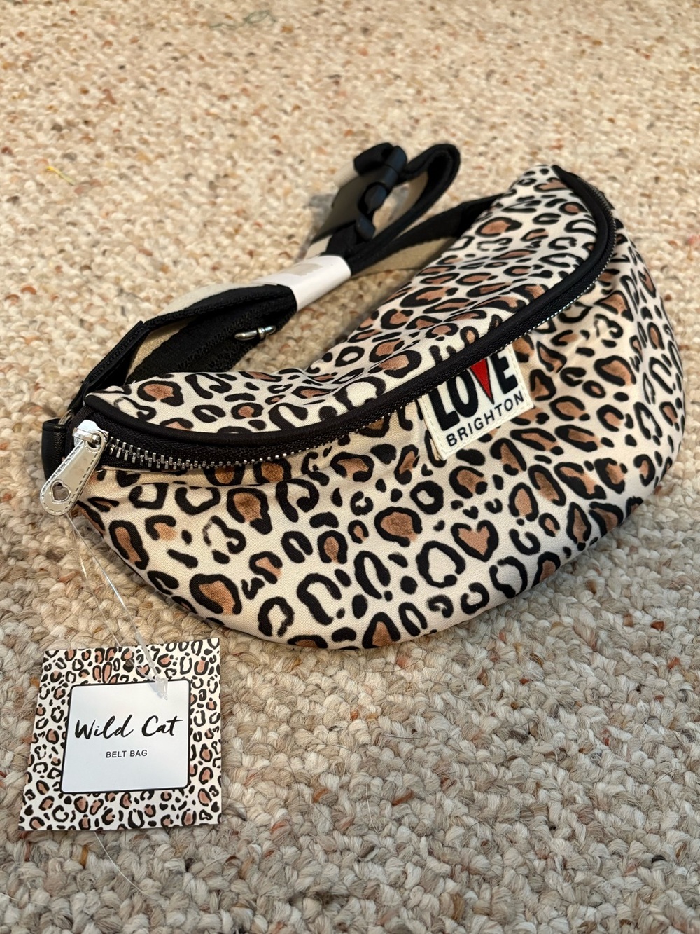 New with Tags Brighton Wildcat Print Love Logo Belt Bag in Black, Cream & Tan